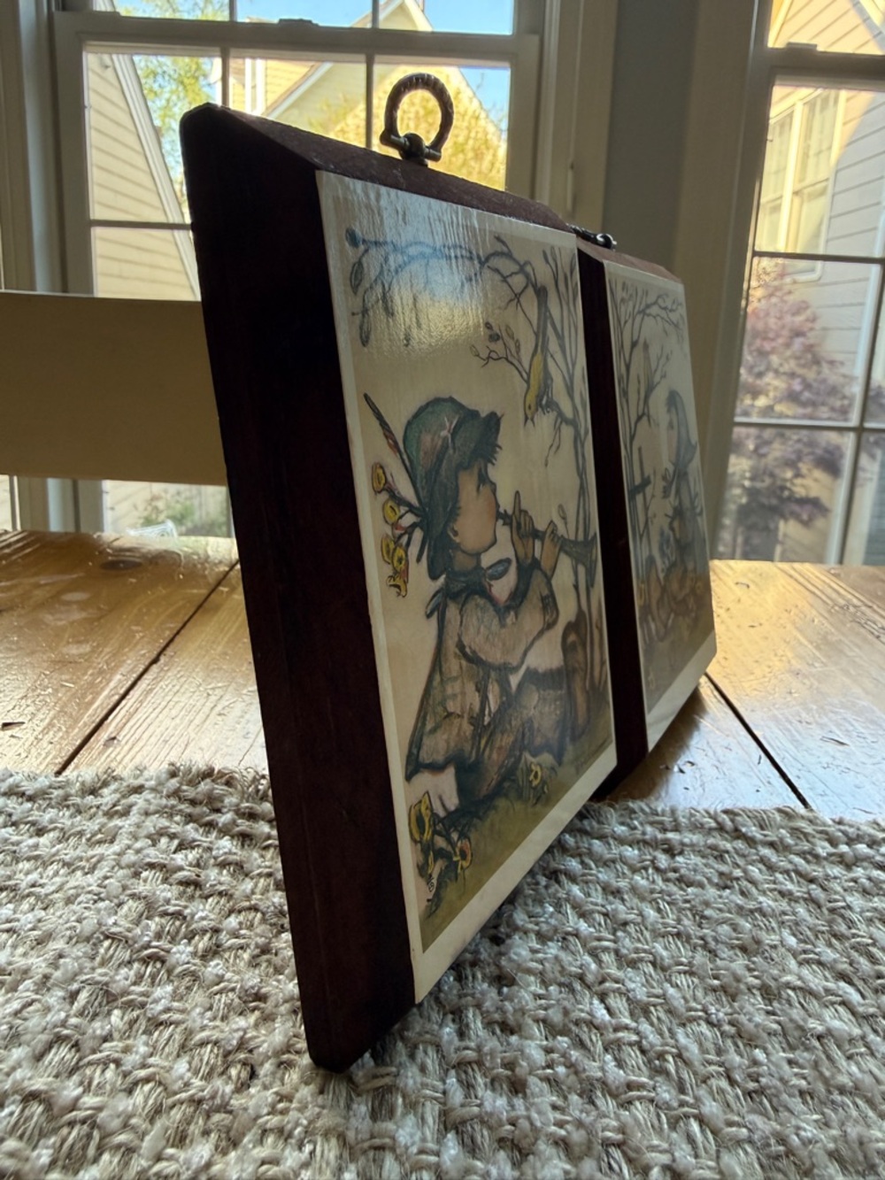 Hummel Framed Rustic Brown Plaque Pair w/Soft Green and Yellow Accents Vintage - Picture 5 of 13
